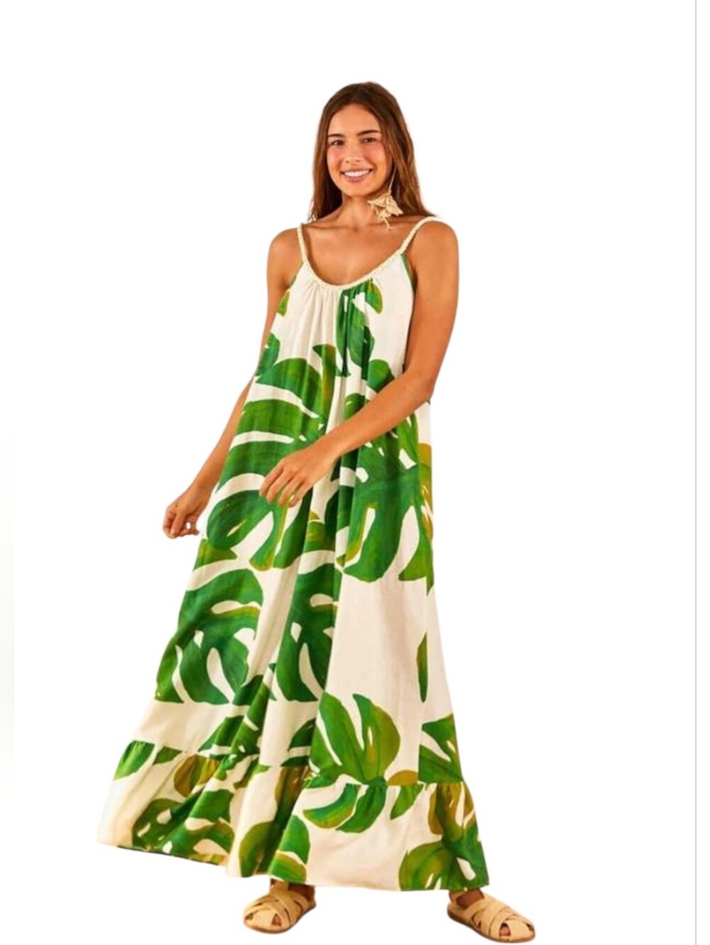 Nwot Farm Rio  Monstera Palm Frawns Rope Edge Neck Shift Maxidress w Pockets